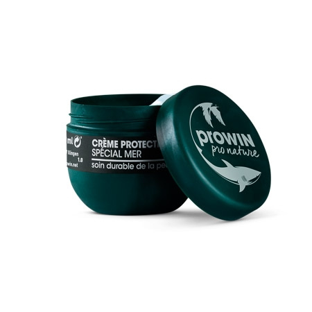 Pot de crème protectrice spécial mer de la marque proWIN pro nature, un soin naturel pour protéger et hydrater la peau, présenté avec son couvercle ouvert.
