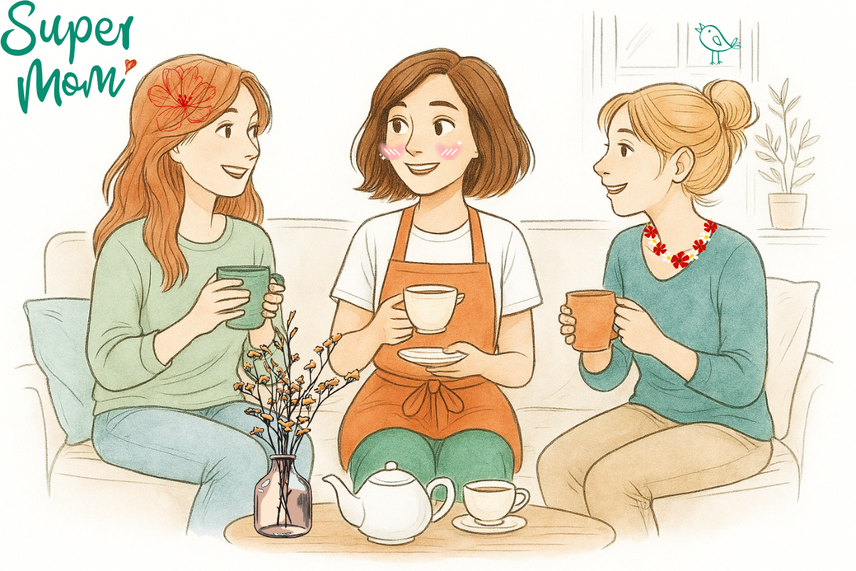 Trois mamans partageant un moment convivial autour d'une tasse de thé pour résoudre ensemble les mystères du ménage