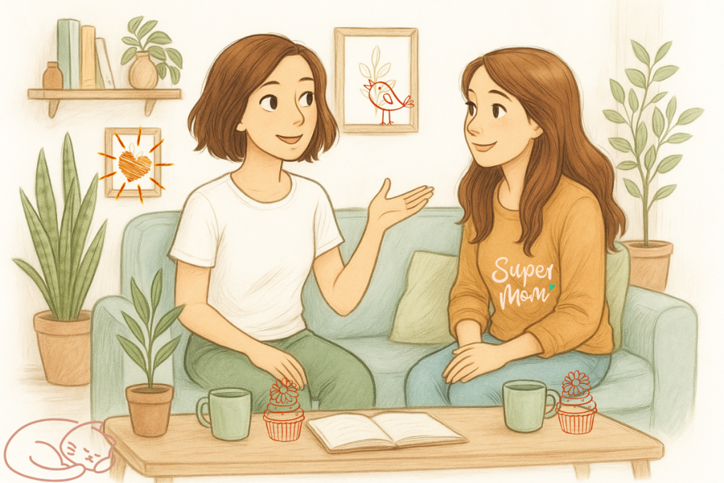 Deux amies discutent dans un salon cosy, ambiance chaleureuse avec plantes, tasses de thé et décor apaisant.
