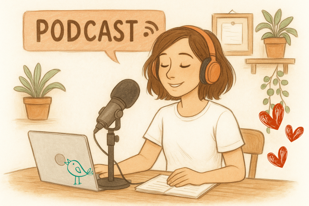 Femme souriante enregistrant un podcast maison, casque sur les oreilles, dans un décor chaleureux et végétal.