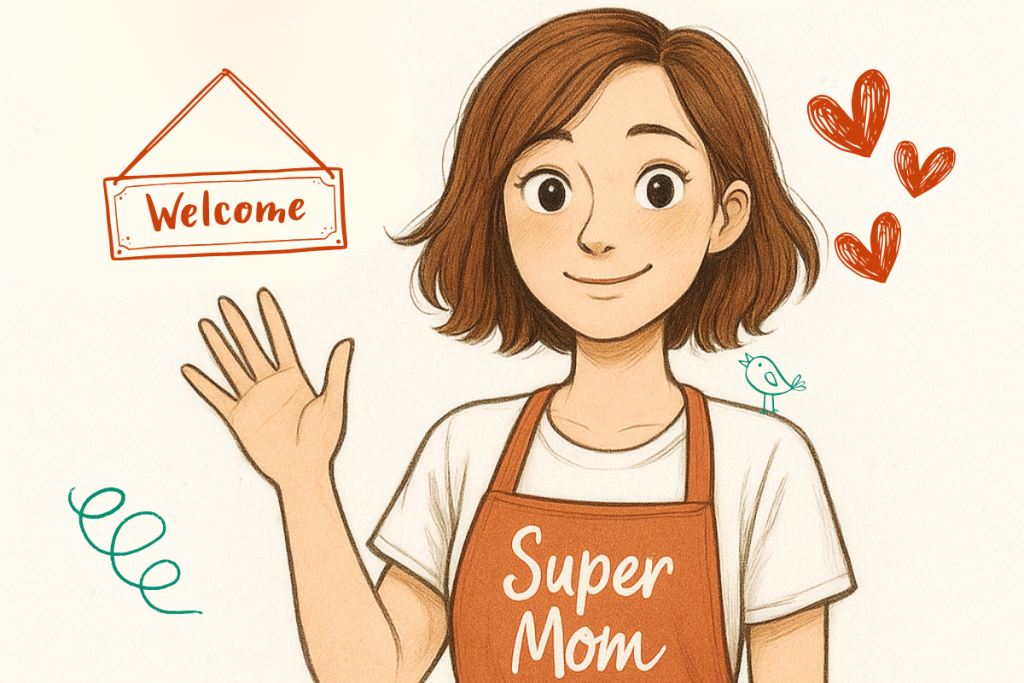 Femme souriante en tablier “Super Mom” saluant chaleureusement, ambiance douce et bienveillante.