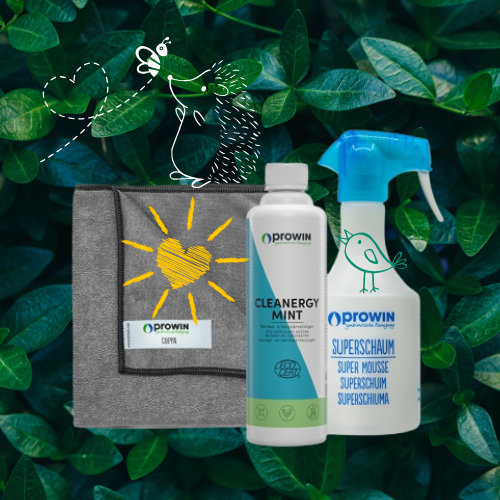 Produits ménagers écologiques de la marque Prowin (Cleanergy Mint, Superschaum et chiffon Copra) posés sur un fond de feuilles vertes, avec des illustrations ludiques d’oiseaux et de soleil — solutions naturelles et efficaces contre le calcaire et la saleté dans la salle de bain.