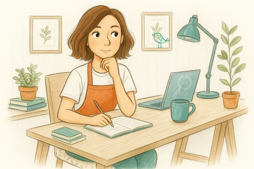 Illustration de Miss Bree Van de Flemme répondant à une FAQ depuis son bureau, dans un univers cosy lié au ménage écologique et à la lutte contre le calcaire.