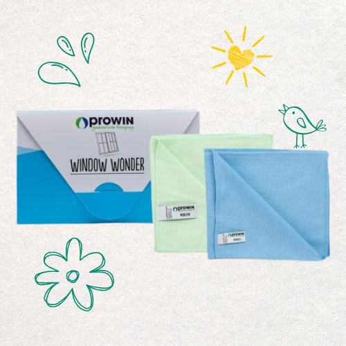 Kit vitre Prowin Window Wonder avec lavettes bleue et verte sur fond illustré de dessins ludiques (fleur, oiseau, soleil)