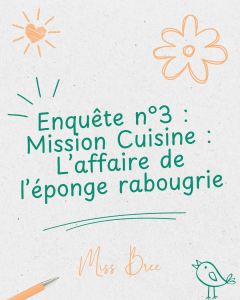 Couverture article de blog, enquête, ménage, cuisine, l'éponge rabougrie, style manuscrit, soleil, fleur et oiseau