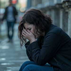 Femme épuisée, assise la tâte dans les mains